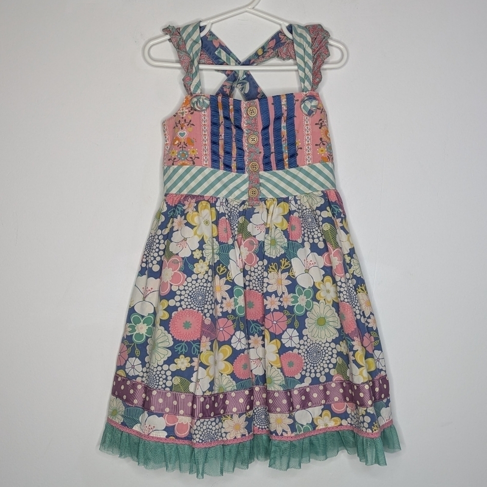 Matilda Jane Blue Pink Floral Ruffle Strap Sleeveless Dress 6